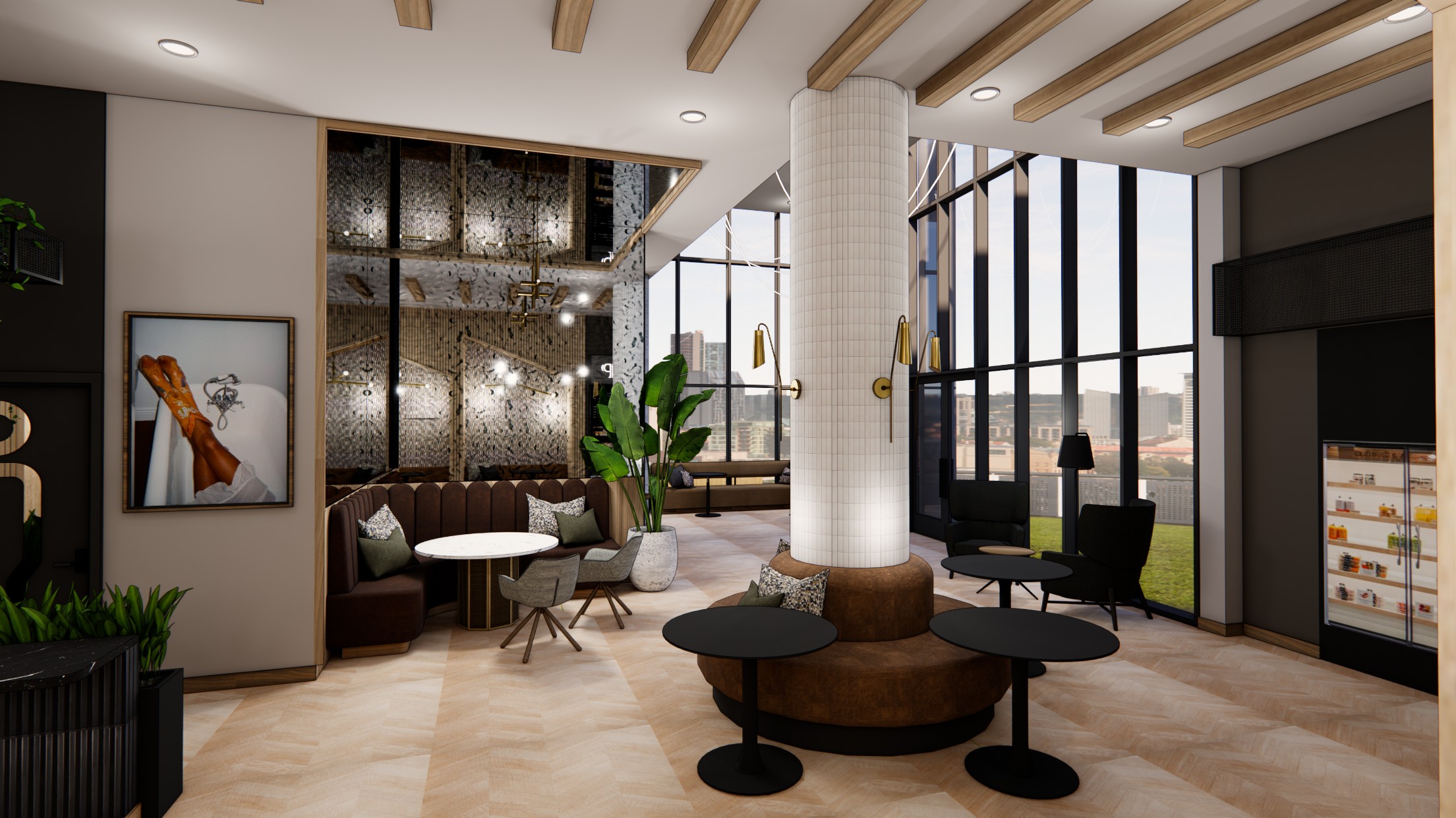 Booth and window seating in the resident lounge at Honcho