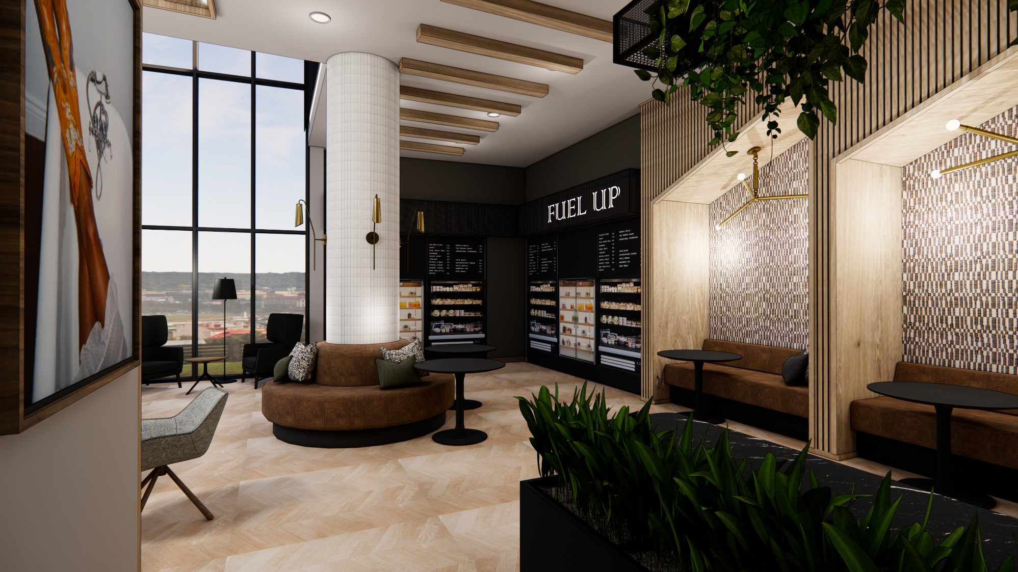 Comfortable booth seating and grab-and-go cafe at Honcho