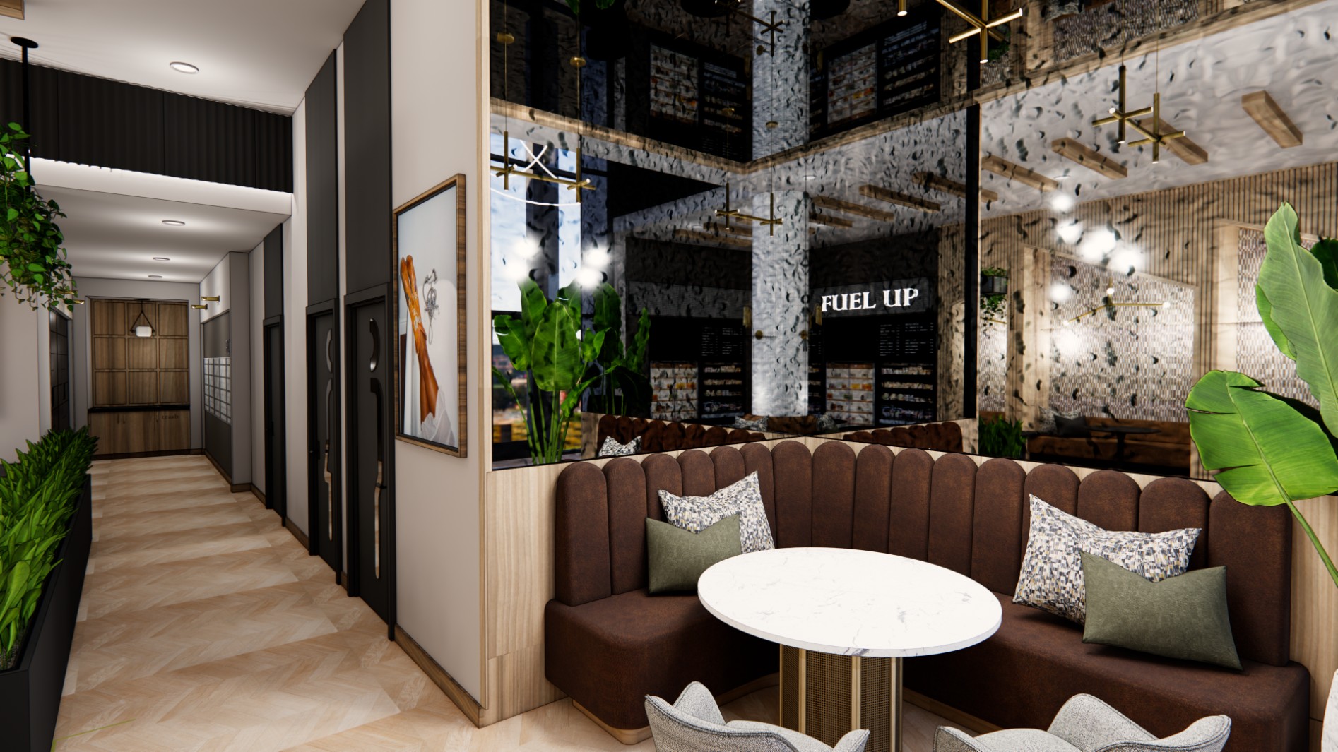 Corner booth seating in the stylish resident lounge at Honcho