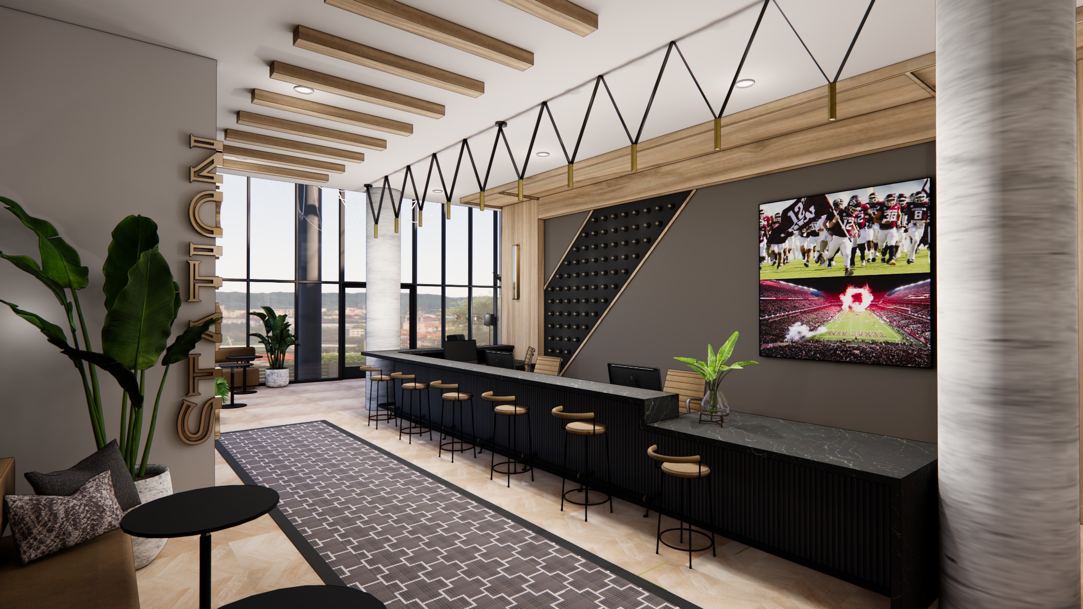 Front desk rendering at Honcho student housing in College Station