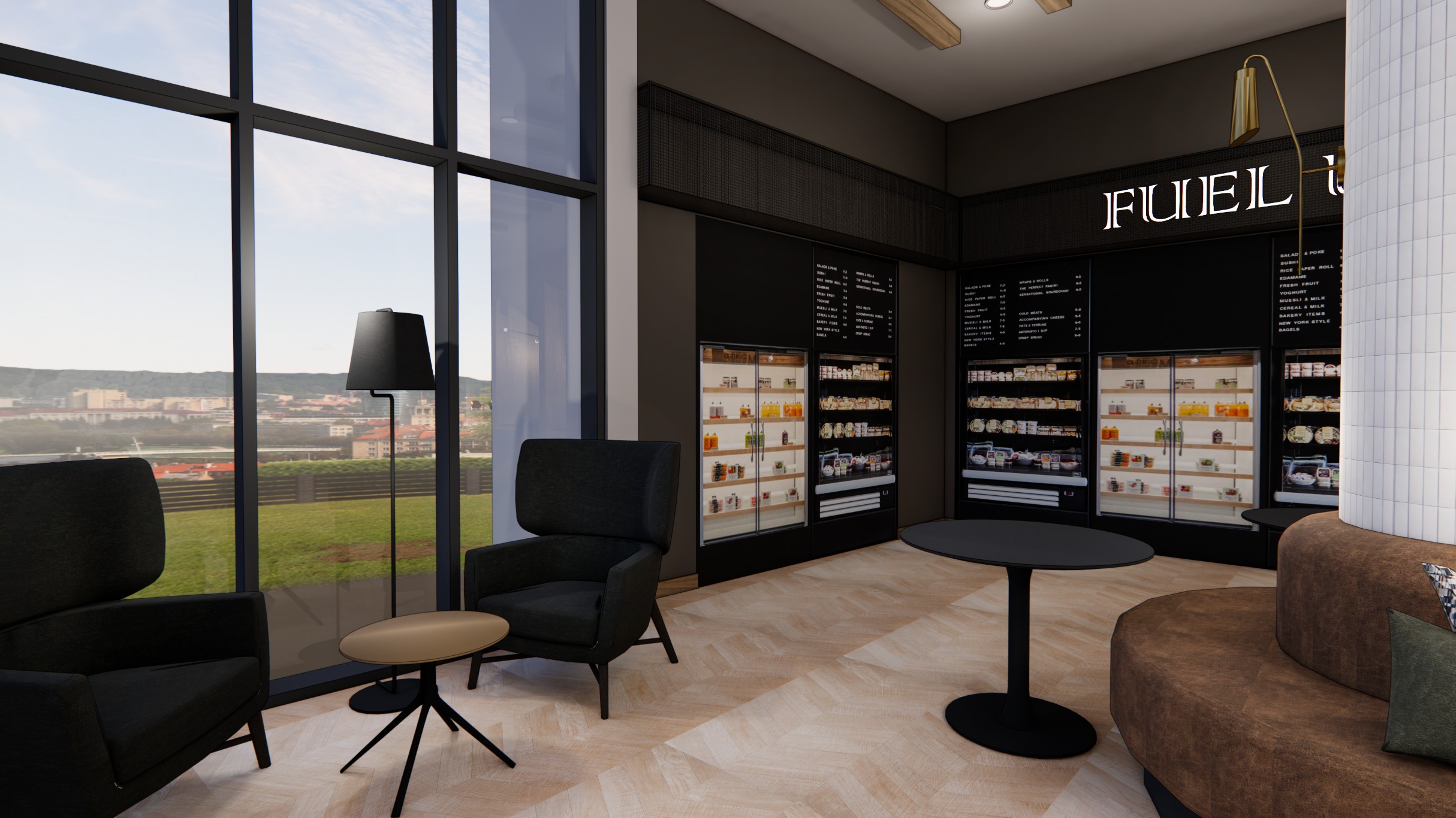 Grab-and-go cafe and window seating in the resident lounge at Honcho