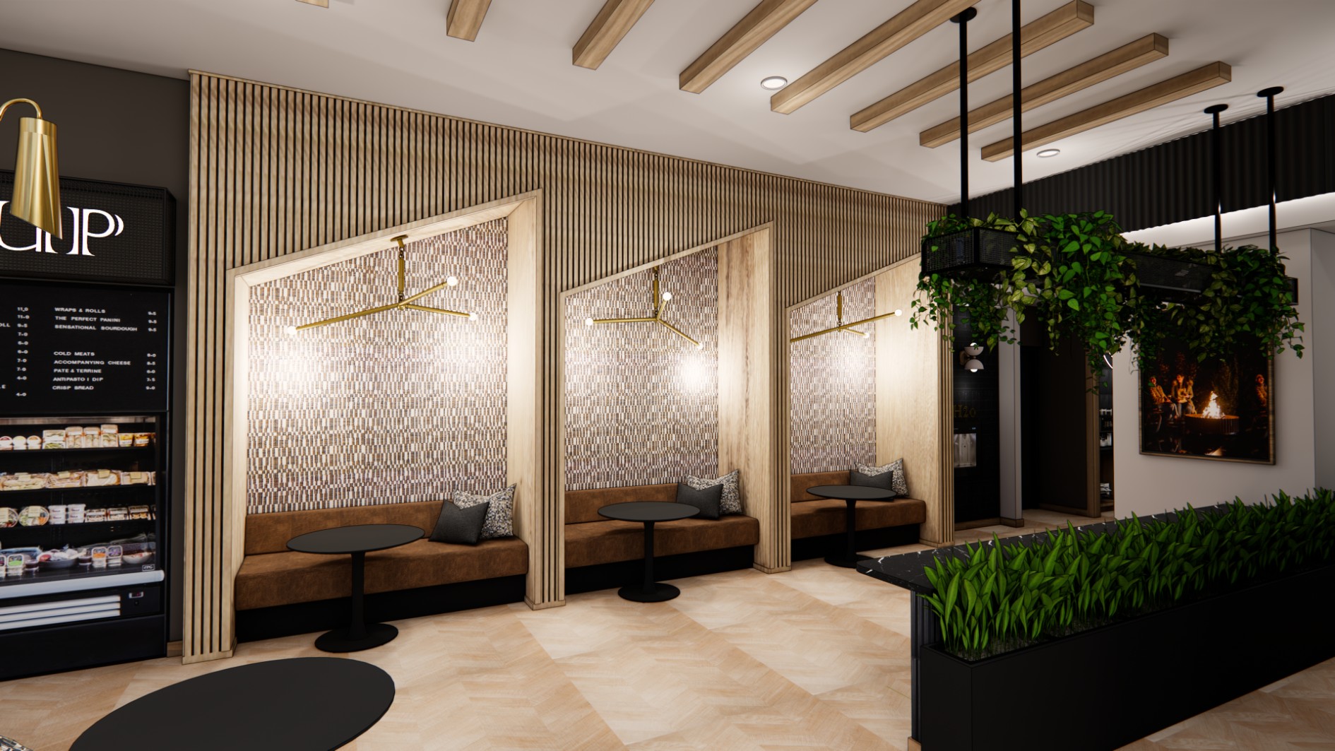 Rendering of cafe booth seating in the clubhouse at Honcho