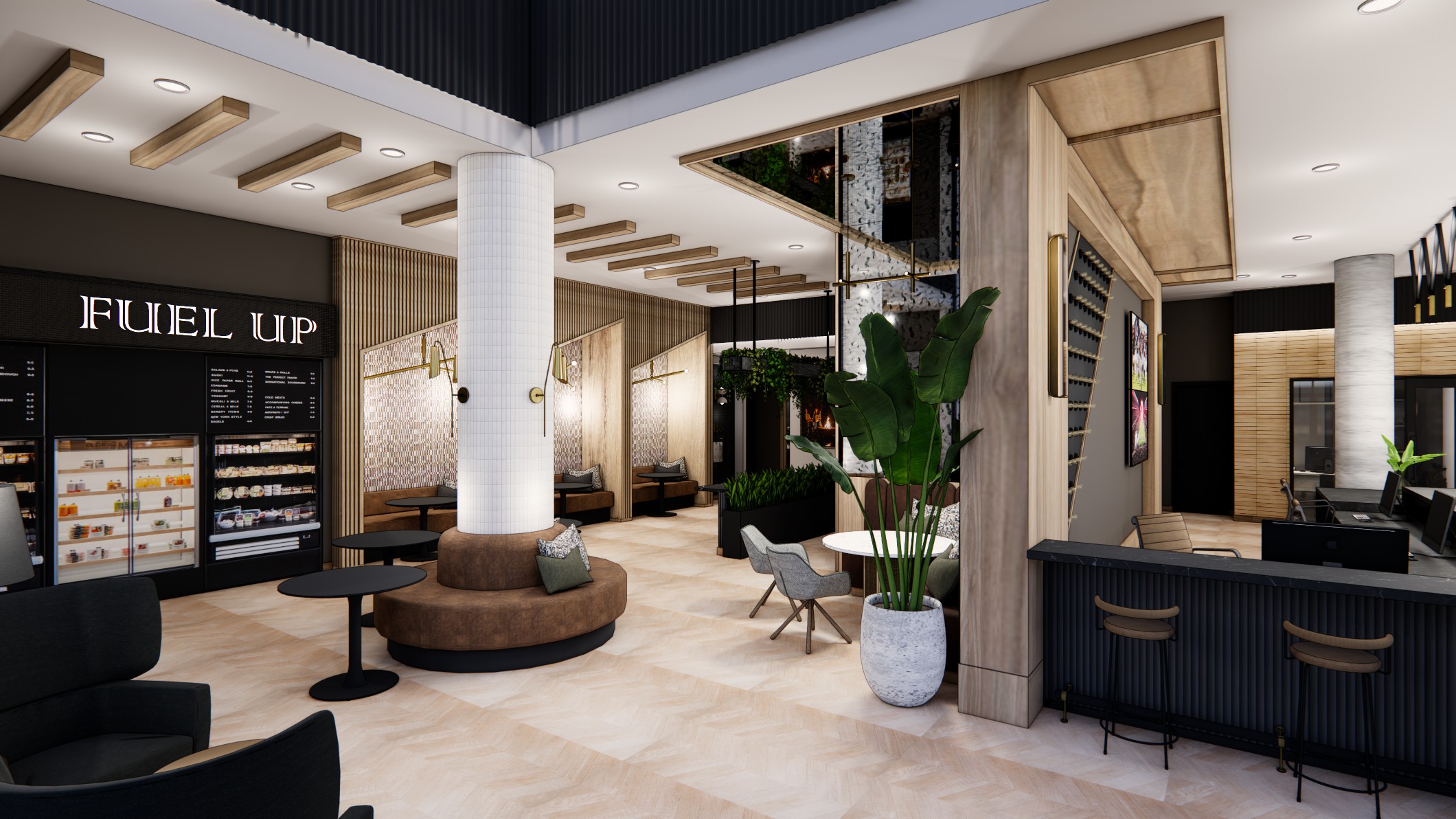 Rendering of clubhouse and grab-and-go cafe at Honcho