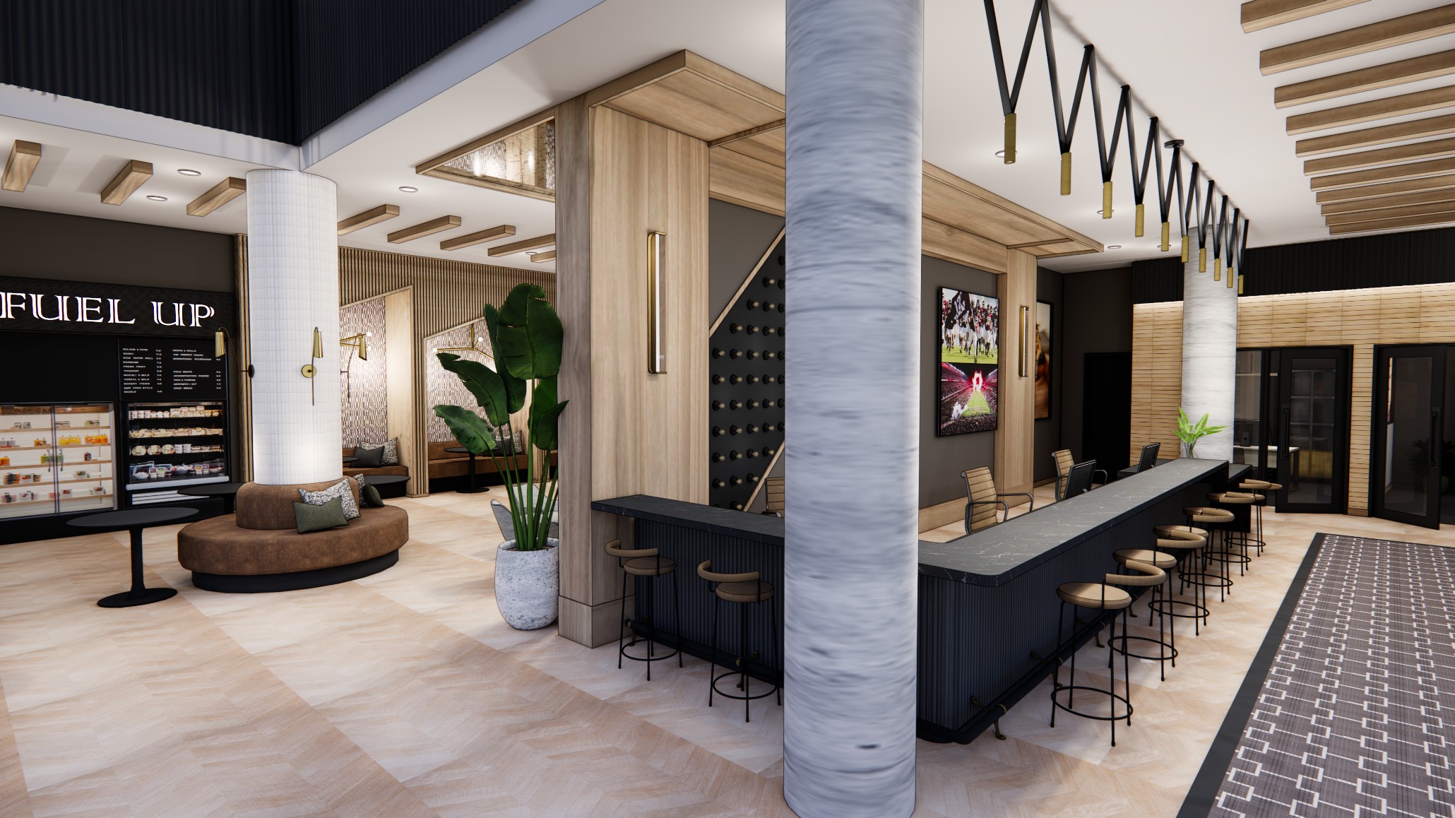 Rendering of front desk and grab-and-go cafe at Honcho