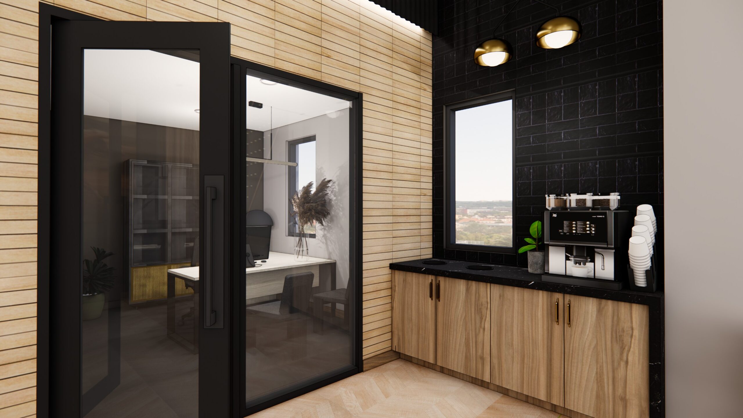 Rendering of leasing office at Honcho student housing