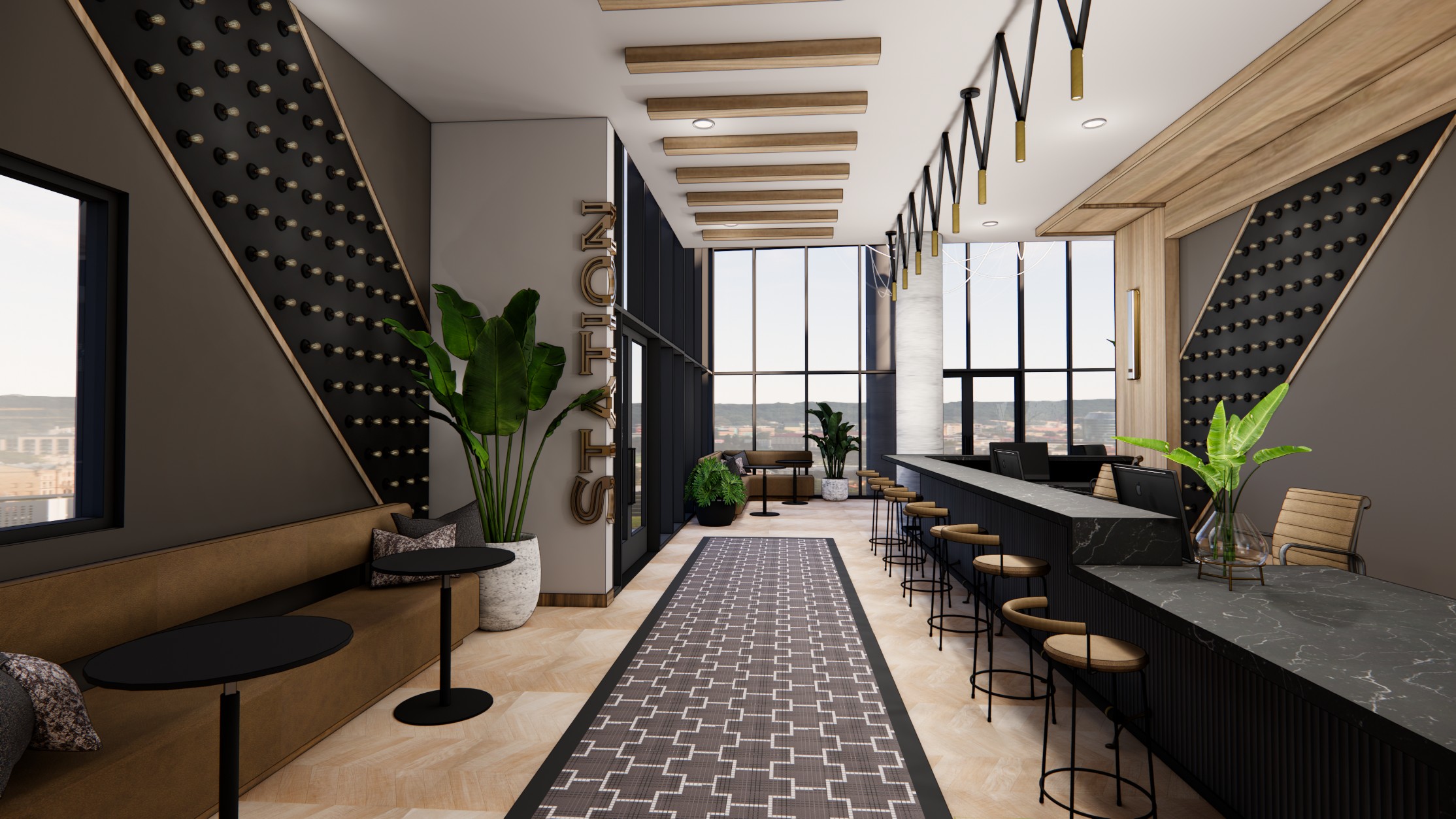 Rendering of lobby and front desk at Honcho