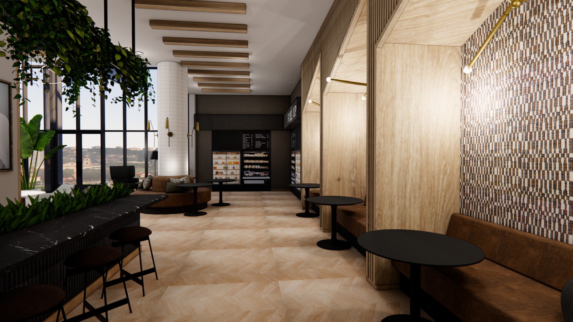 Rendering of lobby and grab-and-go cafe at Honcho