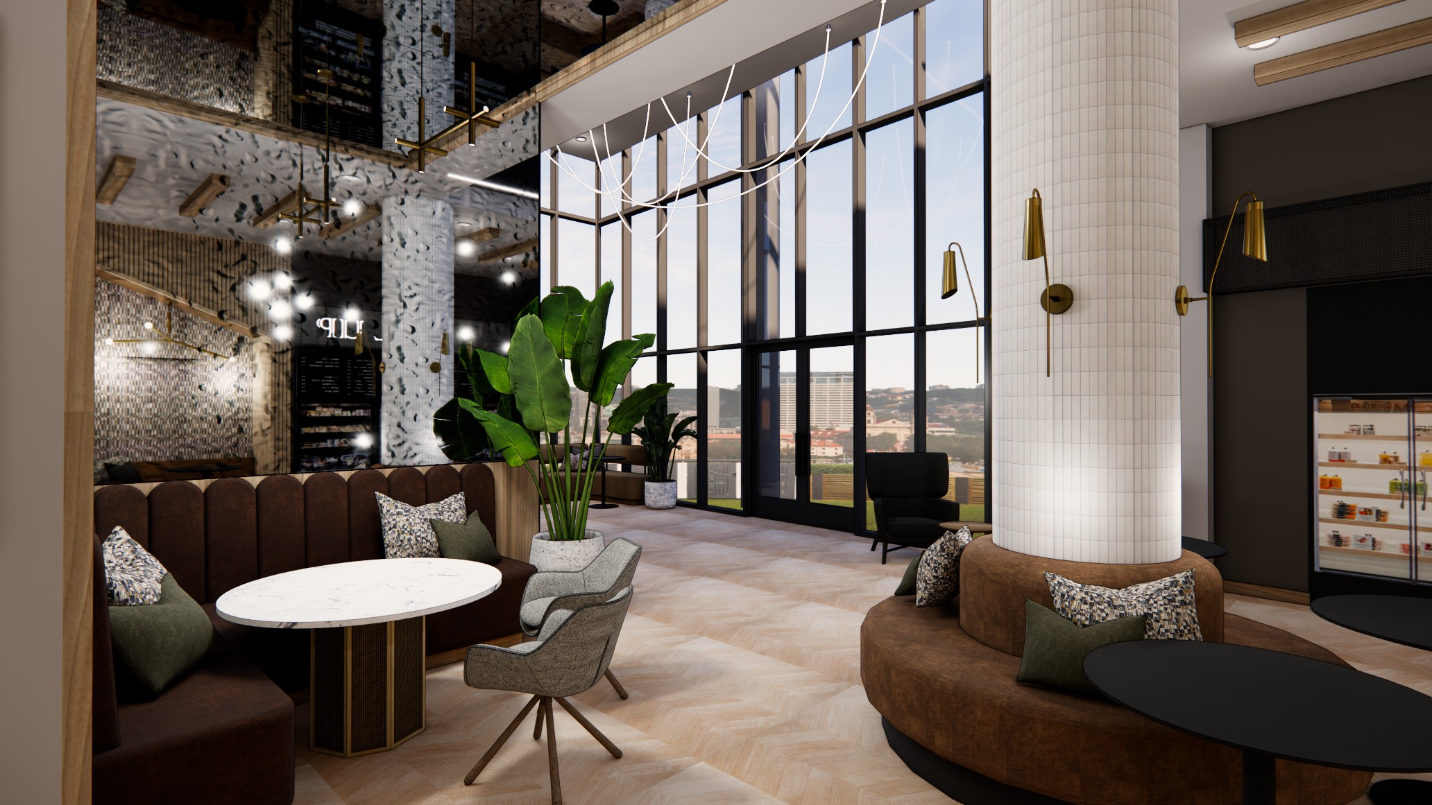 Rendering of the designer resident lounge with floor-to-ceiling windows at Honcho