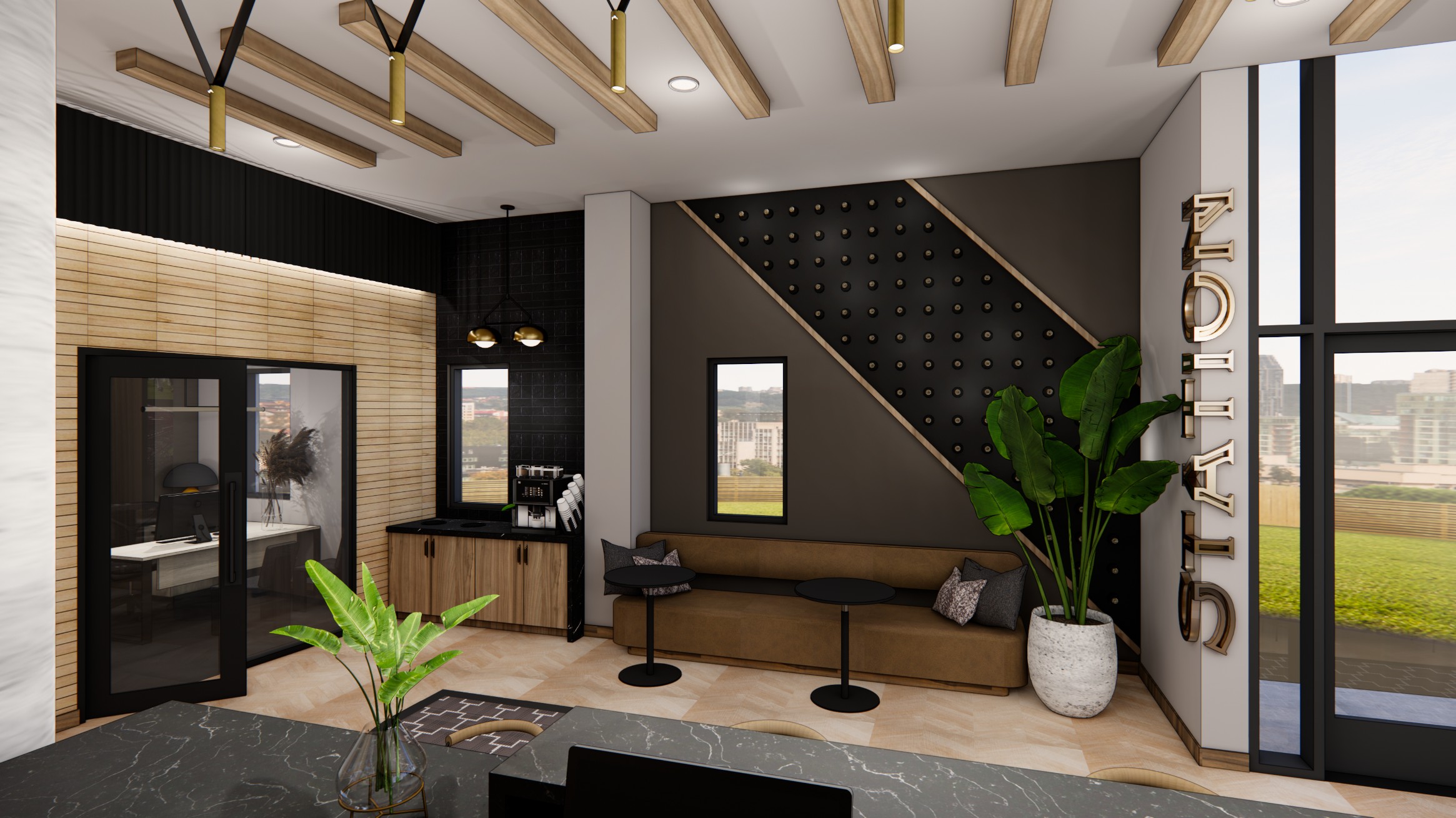 Rendering of the leasing office and coffee station at Honcho