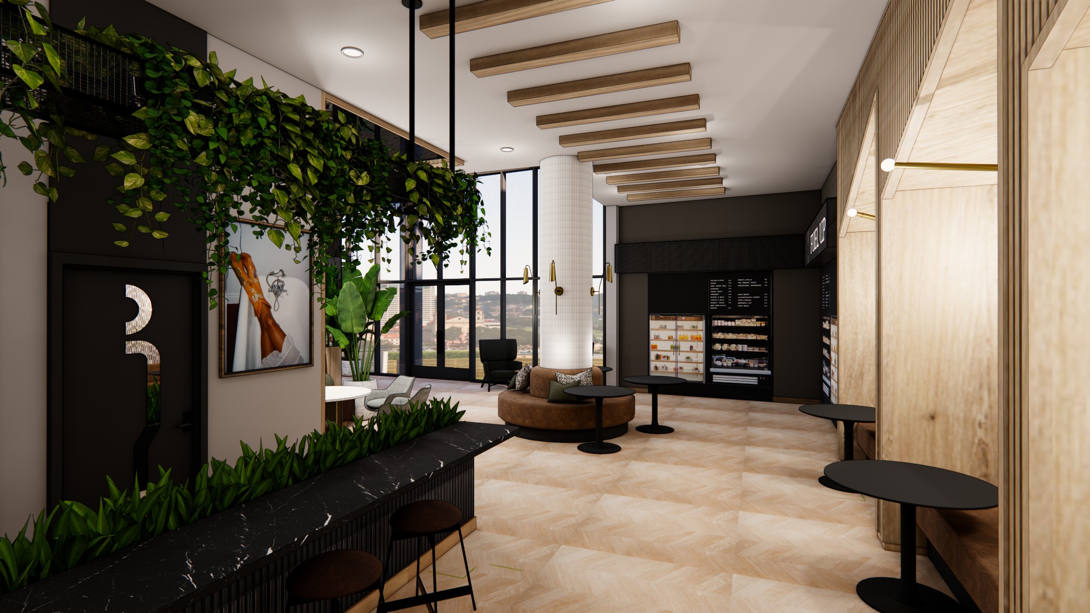 Rendering of the resident lounge and grab-and-go cafe at Honcho student housing